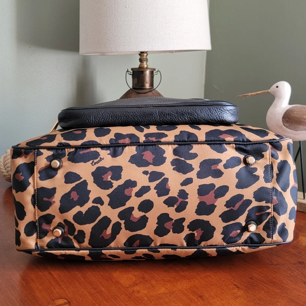 Coach C5668 Court Leopard Print Nylon Tote Pebbled Leather Black Tan Bag
